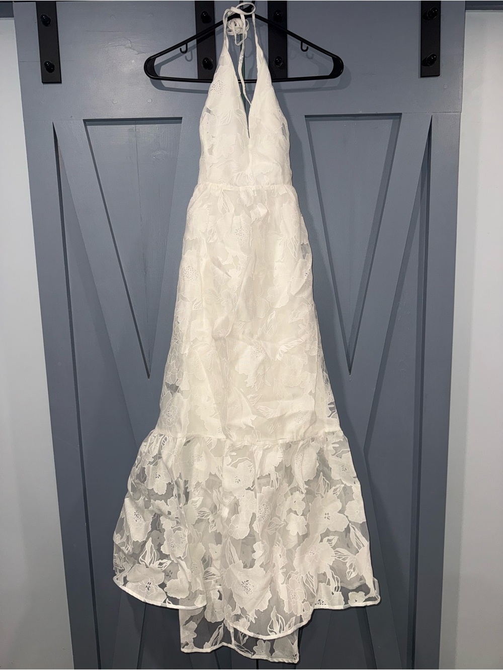 Lulu's White Halter Maxi Dress with Floral Lace Overlay